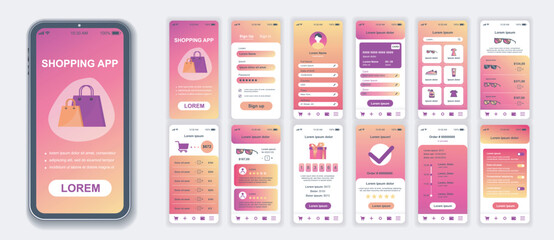 Aufkleber - Shopping mobile app interface screens template set. Account login, credit card, assortment shop, goods basket, customer feedback. Pack of UI, UX, GUI kit for application web layout. Vector design.