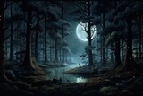Fototapeta Las -  a painting of a forest at night with a lake in the foreground and a full moon in the middle of the night, with trees in the foreground.