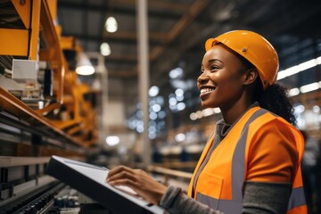 Poster - Portrait of African American female and male engineer worker wearing safety vest with helmet smiling arms crossed and standing look at camera while working in factory
