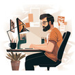 Work at home concept flat style. Freelance man working on laptop vector illustration