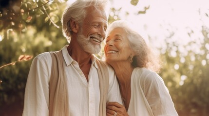 Poster - Serene retirement life as a happy couple enjoys nature in their garden.