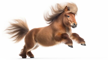 a very small light brown Shetland pony with a wild mane and tail jumping in front of a white background