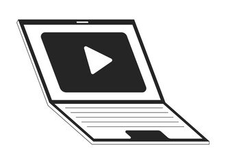 Fototapete - Video player on laptop black and white 2D line cartoon object. Streaming platform notebook isolated vector outline item. Live stream app on portable computer monochromatic flat spot illustration
