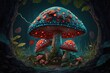 Blue and red fairy mushrooms fly agaric in the night forest. AI generated