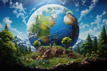 a painting of the earth in the middle of a field with mountains and trees on the other side of the p