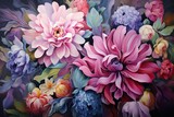 a painting of a bunch of flowers painted on a black background with a white and yellow flower in the middle of the picture and a blue and pink flower in the middle of the middle.