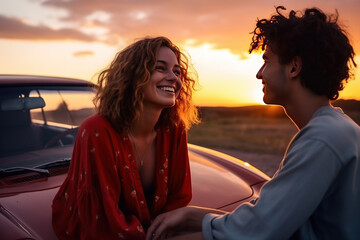 Wall Mural - Smiling woman sitting with boyfriend against car during sunset