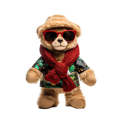 Wall Mural - photo of a cool teddy bear wearing sunglasses and hat dressed for the upcoming christmas theme isolated on white background PNG