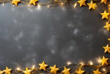  A Black Background With Yellow Stars And A String Of Lights In The Shape Of A Frame On The Left Side Of The Frame Is A Dark Gray Background With White Clouds And Yellow Stars On The Right Side.