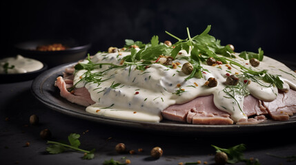 delicious Italian vitello tonnato  modern food photography in rustic style . in detail