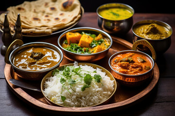 Indian Lunch / Dinner main course food in group includes Paneer Butter Masala, Dal Makhani, Palak Paneer, Roti, Rice etc, Selective focus