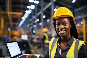 Poster - Portrait of African American female and male engineer worker wearing safety vest with helmet smiling arms crossed and standing look at camera while working in factory
