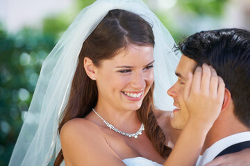 Poster - Garden, bride and groom embrace at wedding with smile, love and commitment at reception. Nature, face of woman and man hugging at marriage celebration with happiness, loyalty and future together