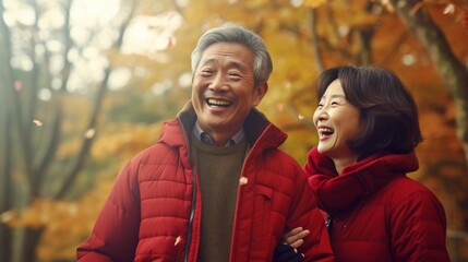 Wall Mural - close-up of a Asian aged couple playing in some leaves in the fall wearing a red jacket