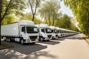 Canvas Print -  a row of white trucks parked on the side of a road next to a row of trees on the other side of the road, in front of a row of a row of white trucks.