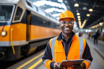 Poster - Portrait of a confident african factory engineer standing with his arm crossed in large warehouse