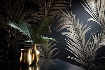  two gold vases sitting on a table in front of a black wall with a palm leaf pattern on it and a gold vase with a green plant in the foreground.