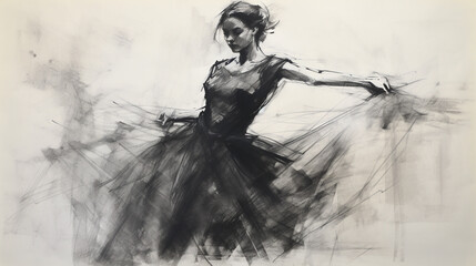 Wall Mural - Black charcoal pencil drawing of a young active ballet dancing lady in white background with live performance 