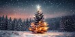Illuminated Christmas tree under snowfall glittering in a winter landscape covered with snow at nightfall - Season background for greeting card with copy space for text