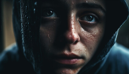 Poster - Young adult woman in hooded shirt looks sad in rain generated by AI