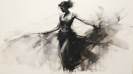 Wall Mural - Black charcoal pencil drawing of a young active ballet dancing lady in white background with live performance 