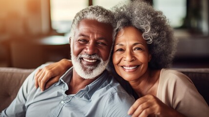 Poster - Bright and cozy home atmosphere with an afro senior couple at ease.