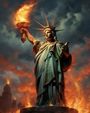 Fototapeta  - statue of liberty with a large flame torch, fire and smoke in background, Caricatures  