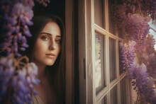 Girl Looking Over The Window Covered With Purple Wisteria Plant. Reflective Woman Dreaming At The Window With Violet Flower. Generate Ai