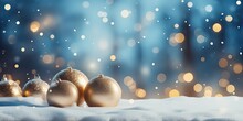 Christmas Balls, Decorations, Snowflakes In A Forest Of Pine Trees, On Icy Blur Bokeh Lights, Blue Background, Decoration For Winter Season, Celebrations, New Year Greeting Card With Copy Space