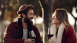 Man and lady in a park sipping red wine alone against a stark white background