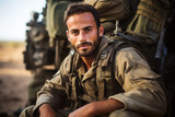 Fototapeta  - Israeli soldier. A handsome, courageous face, smiling, looking at the camera, sits against the background of military equipment. Outdoors. Portrait, close-up. Generative AI.