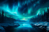 Fototapeta  - Aurora boreal - Paisaje lago nieve bosque de noche con cielo estrellado - Azul, verde