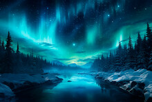 Aurora Boreal - Paisaje Lago Nieve Bosque De Noche Con Cielo Estrellado - Azul, Verde