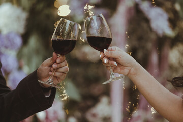 Wall Mural - Two glasses red wine, Celebration and enjoying harvest time.  