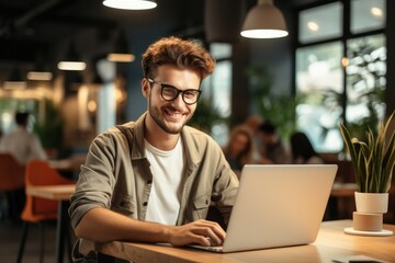 Aufkleber - Attractive nerd uses ChatGPT for search information, Working in a beautiful co-working space.