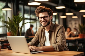 Aufkleber - Attractive nerd uses ChatGPT for search information, Working in a beautiful co-working space.