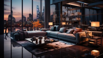 Sticker - a living room with a large window and a large couch