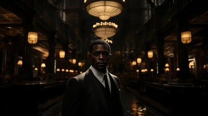 Poster - Businessman standing at black wall street.
