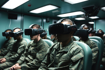 Poster - A classroom of soldier Marines in a virtual reality training room learning how to drive a vehicle, VR Goggles, Enjoying themselves.
