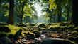 Tranquil forest meadow, sunlight filters through green leaves generated by AI