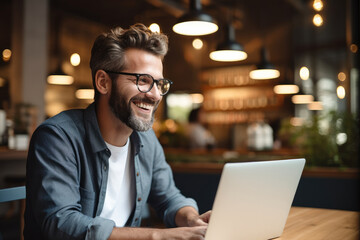 Aufkleber - A business owner looking at a laptop and smiling, Happiness.