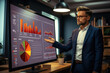 © visoot - Business consultant presenting analysis with interactive charts on a smart screen in the boardroom, strengths, weaknesses, threats and opportunities of company.