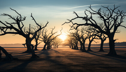 Sticker - Silhouette of tree branch backlit by sunset, nature beauty generated by AI