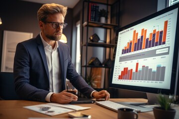 Poster - Business consultant presenting analysis with interactive charts on a smart screen in the boardroom, strengths, weaknesses, threats and opportunities of company.