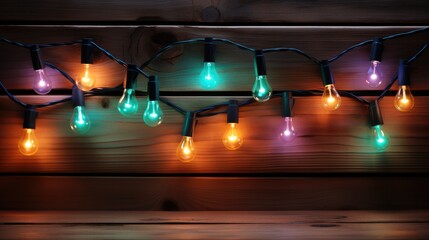 Poster - Colorful Christmas lights arranged on wood dark wooden background.