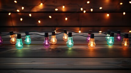 Poster - Colorful Christmas lights arranged on wood dark wooden background.