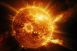 astronomical image of the sun, massive explosions, prominences, sunwind, photorealistic // ai-generated