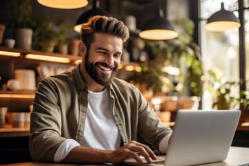 Aufkleber - A happy person working on a laptop sitting at a desk.