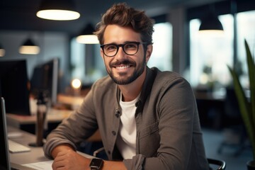 Sticker - Smiling man is working on computer in the office, Busy with work.