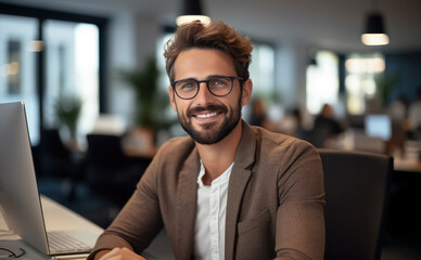 Poster - Smiling man is working on computer in the office, Busy with work.